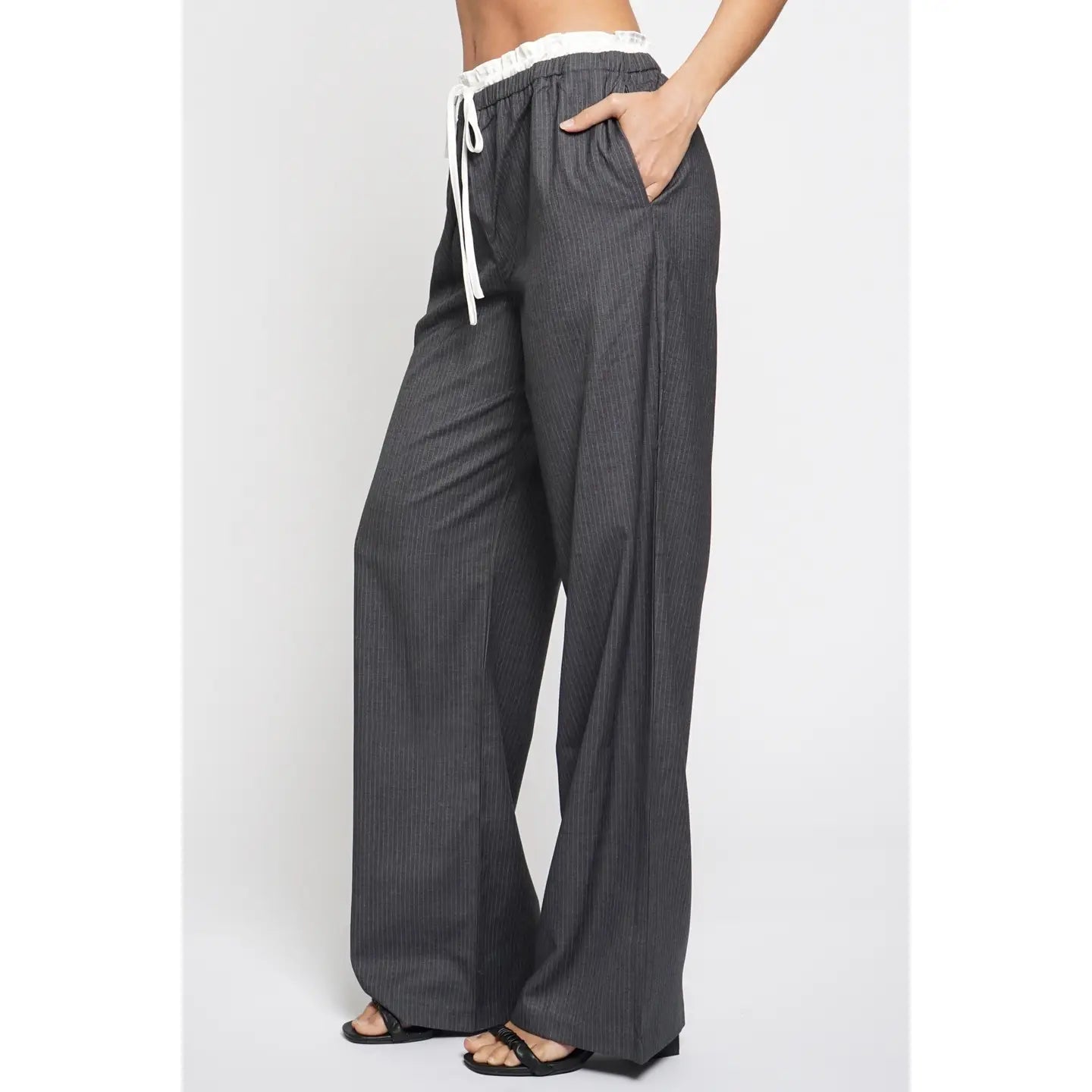 Satin Contrast Drawstring Pinstripe Pants in Charcoal - Jaunts Boutique 