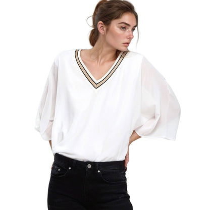 Femme V-Neck Chiffon Blouse Top In White