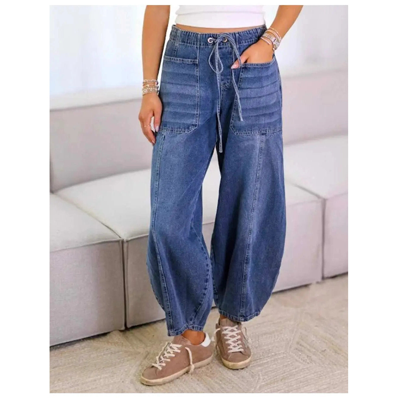 PRE-ORDER Elastic Waist String Tie Pocket Barrel Denim Pants in Dark Denim - Jaunts Boutique 