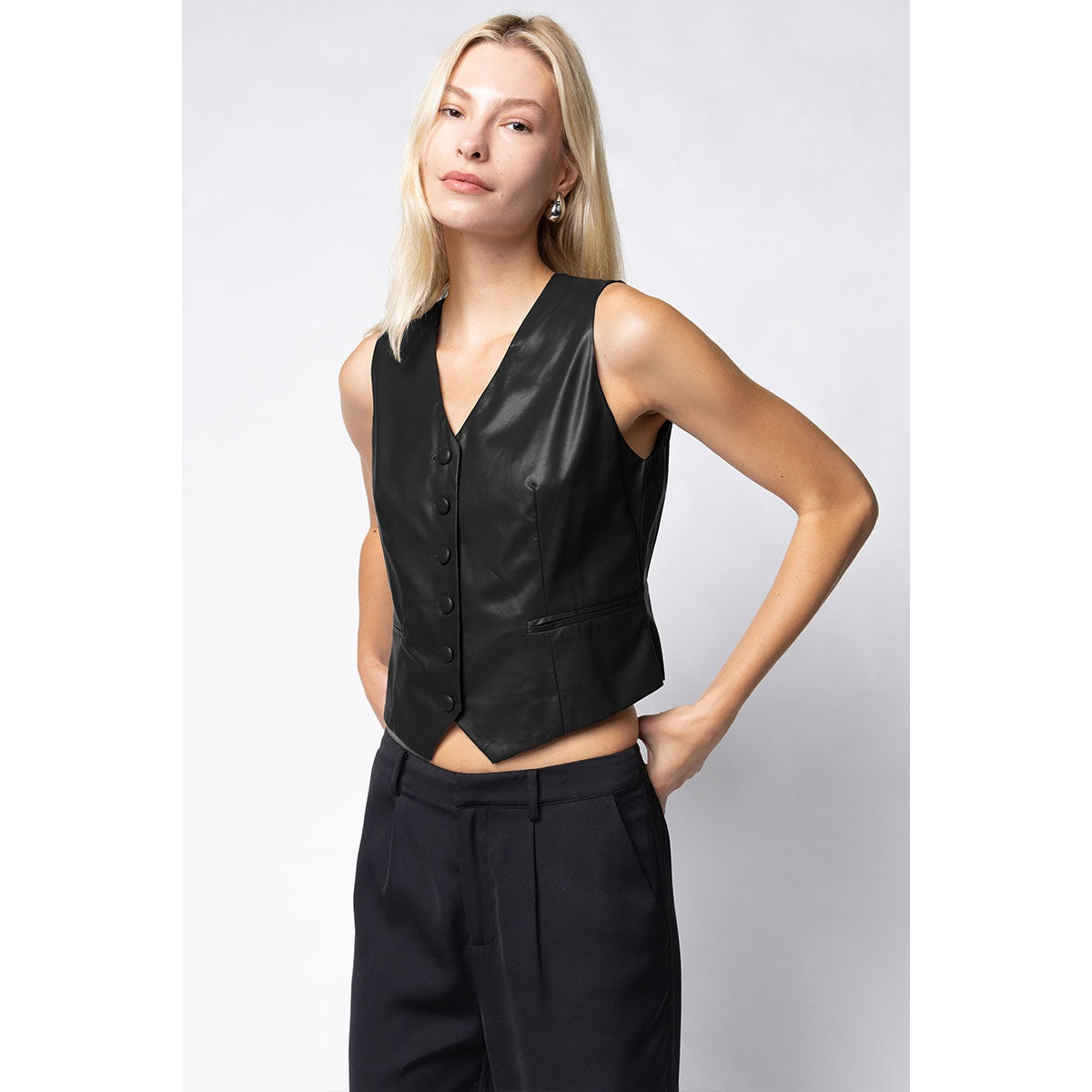 Vegan Butter Leather Vest Top with Front Welt Pockets in Black - Jaunts Boutique 