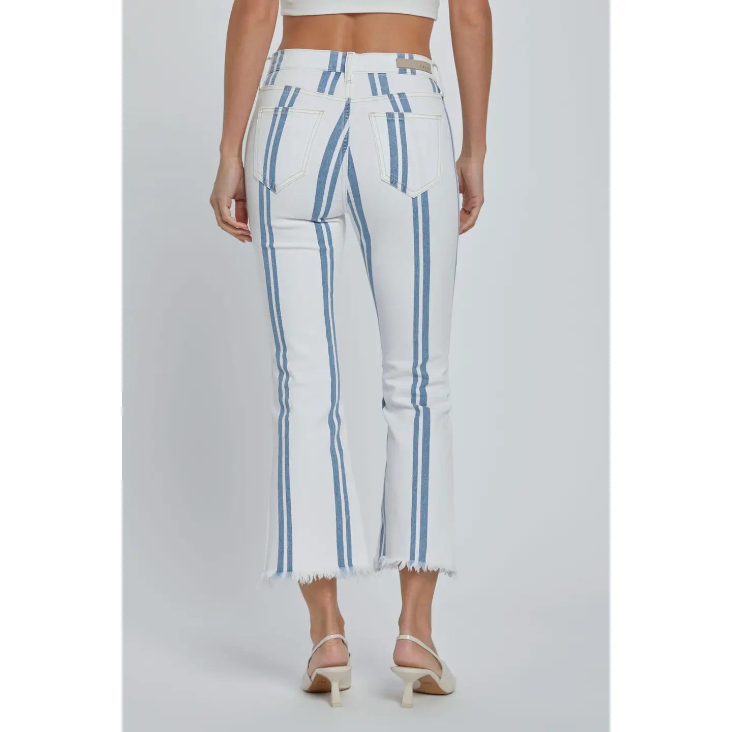 Striped High Rise Crop Flare Denim with Frayed Hem in White & Light Denim