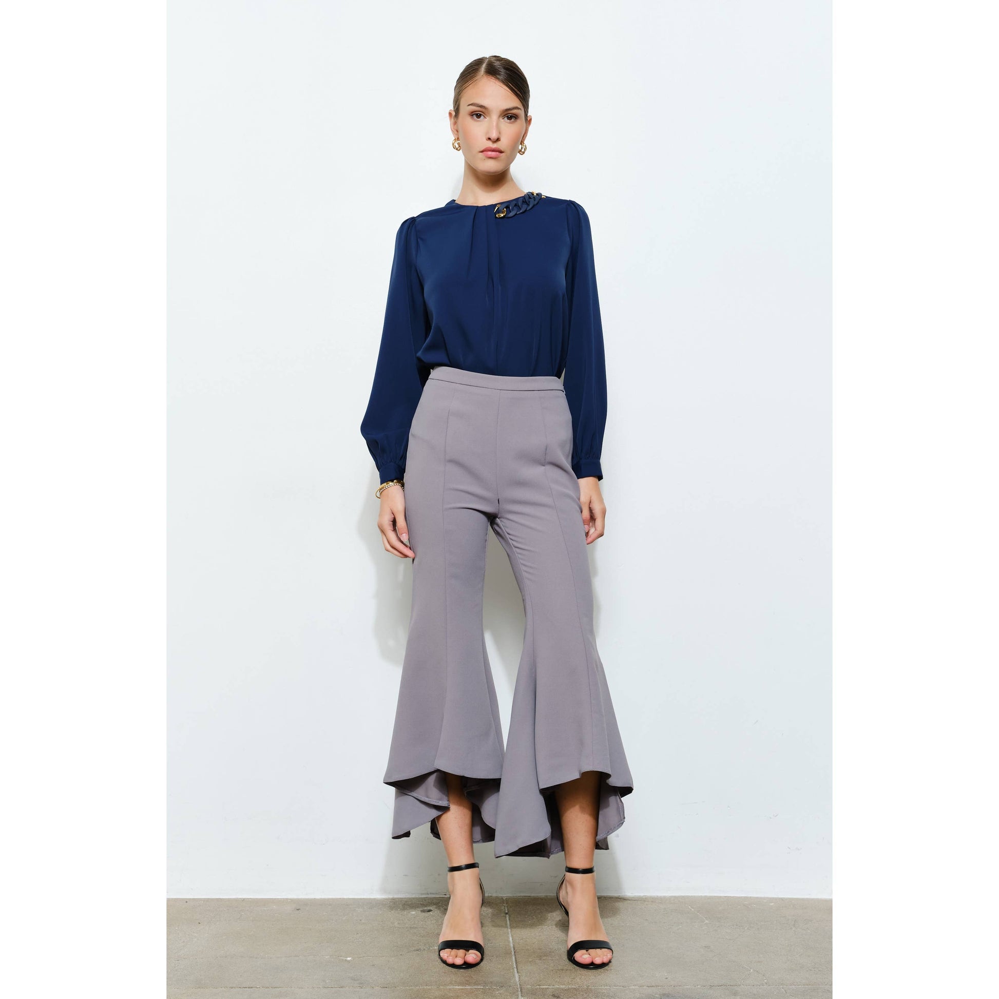 Draped Ruffle High-Low Flare Pants in Grey - Jaunts Boutique 