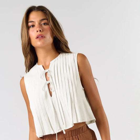 Lalavon Sleeveless Front Tie Pleated Blouse Top in White