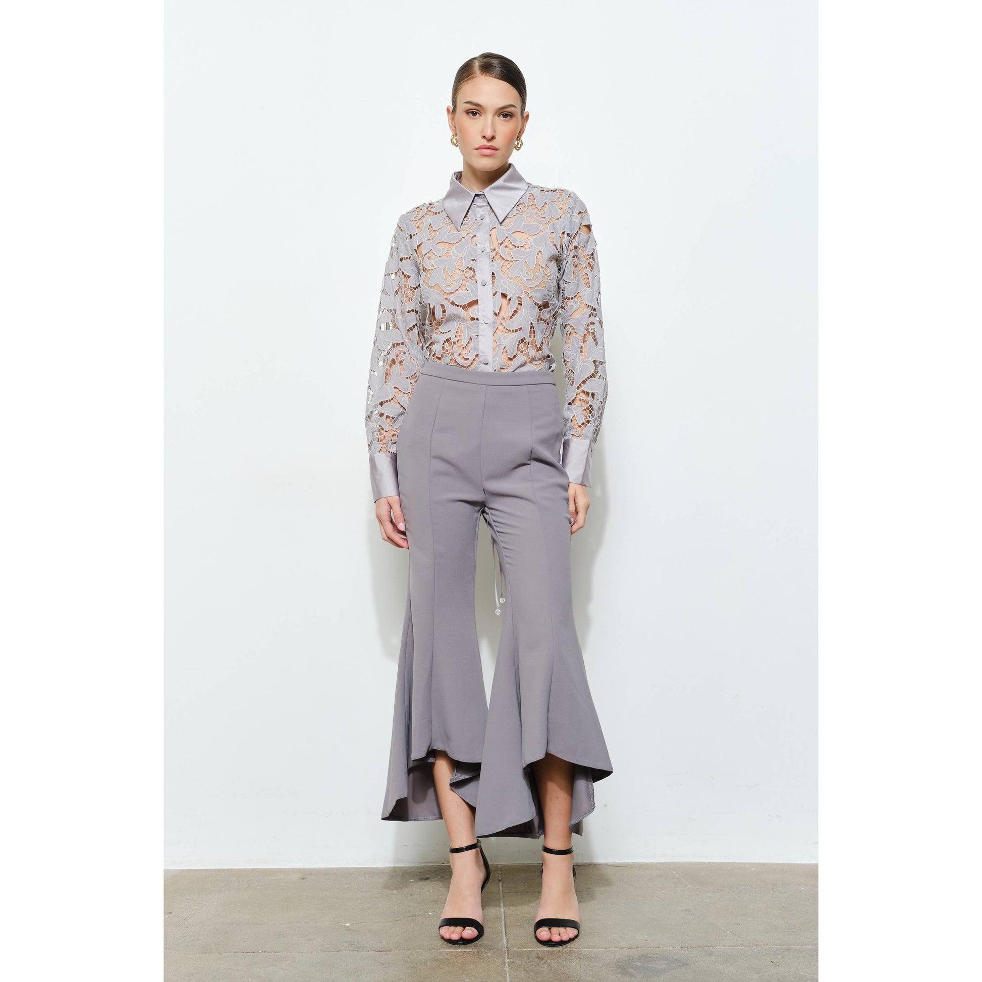 Luxe Satin Contrast Collar Lace Blouse in Ash - Luxe Collection - Jaunts Boutique 