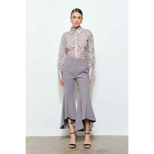 Luxe Satin Contrast Collar Lace Blouse in Ash - Luxe Collection - Jaunts Boutique 