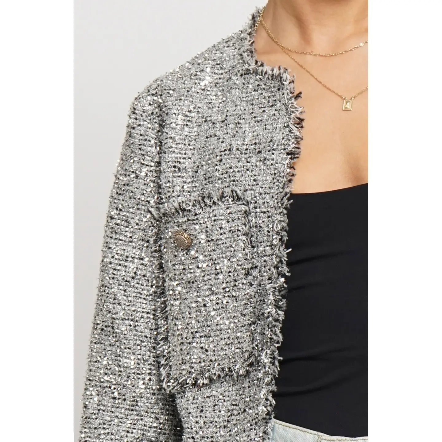 Lurex Boucle Short Blazer Jacket in Silver - Jaunts Boutique 