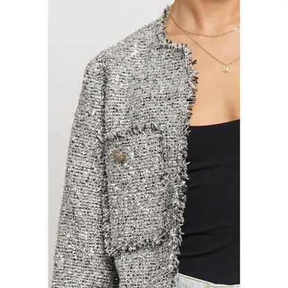 Lurex Boucle Short Blazer Jacket in Silver - Jaunts Boutique 