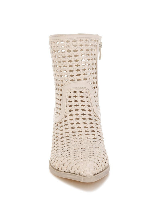 Artisole Woven Pleather Block Heel Booties - Off-White