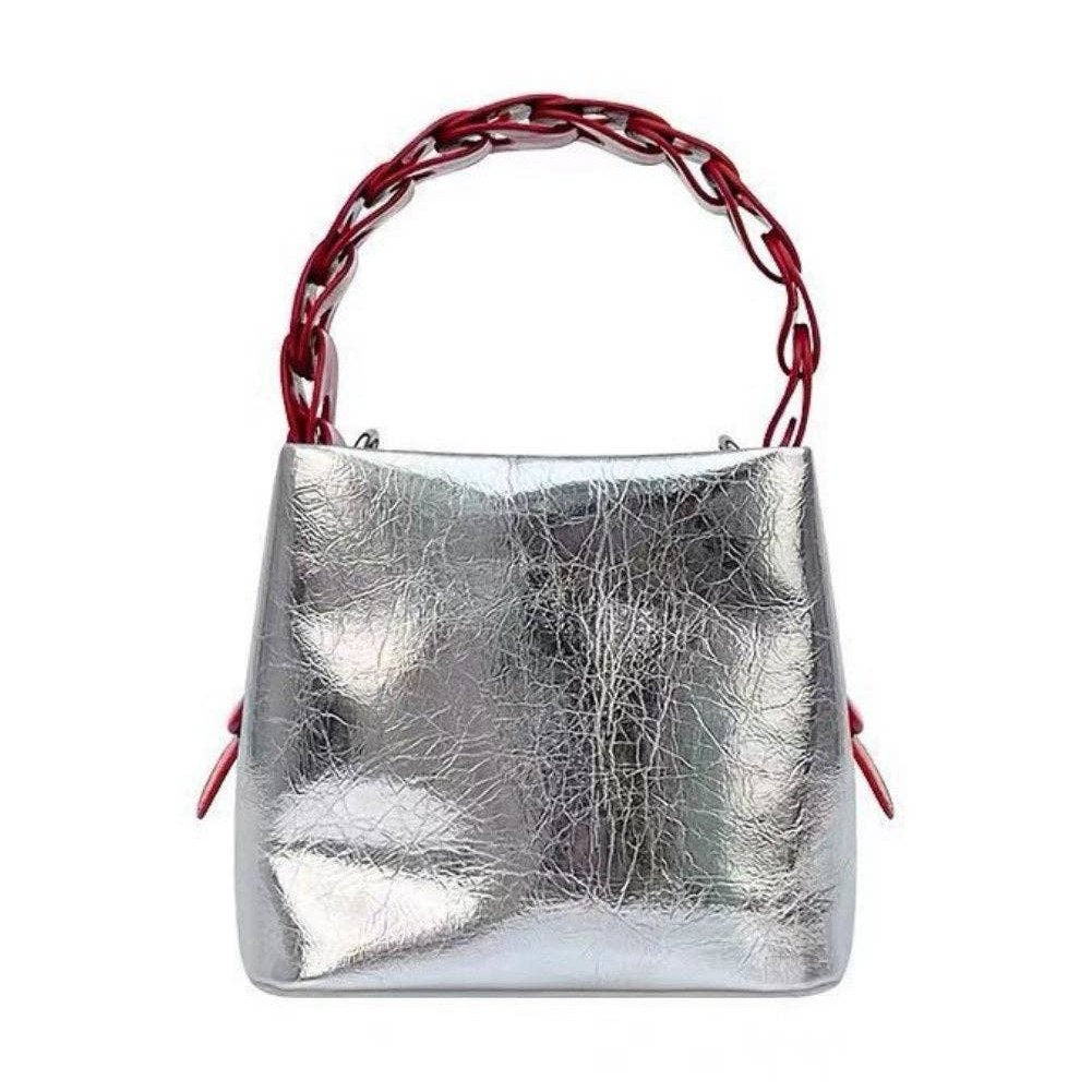 Trendy Mini Metallic Bucket Handbag in Silver - Jaunts Boutique 