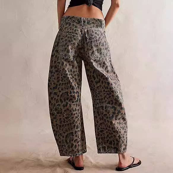 Midi Rise Wide Leg Barrel Denim Pants in Leopard Print - Jaunts Boutique 