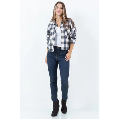 Cropped Flannel Plaid Button Down Shirt/Shacket in Maya