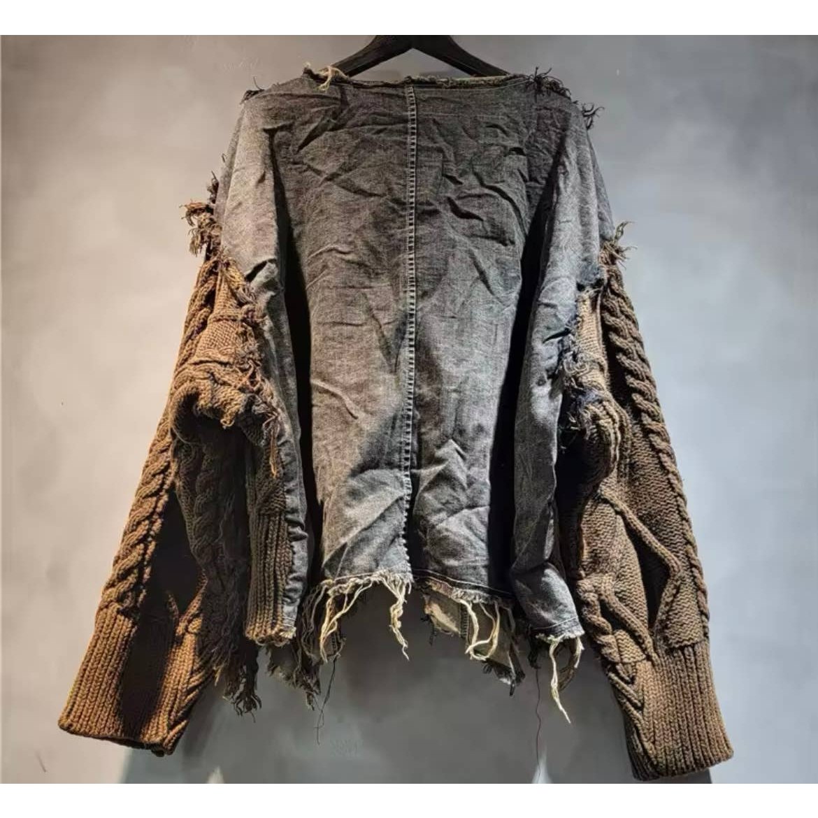 Distressed Multi-Textured Knit Pullover with Denim Panels - Luxe Collection - Jaunts Boutique 