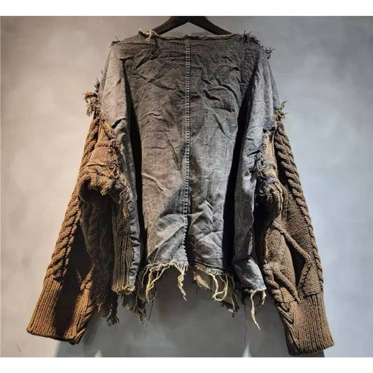 Distressed Multi-Textured Knit Pullover with Denim Panels - Luxe Collection - Jaunts Boutique 