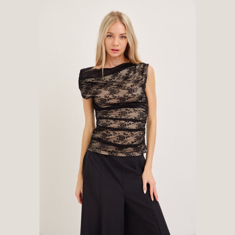 Off-the-Shoulder Lace Top – Nude Lining & Black Lace