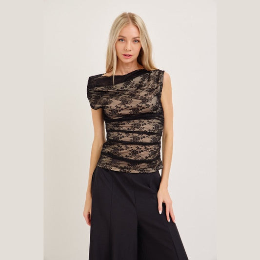 Off-the-Shoulder Lace Top – Nude Lining & Black Lace