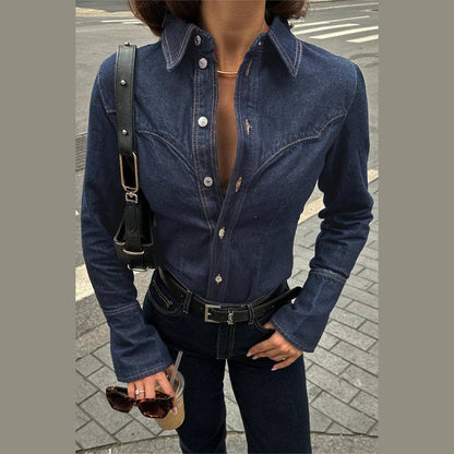 Classic Button-Up Denim Shirt: BLUE / L - Jaunts Boutique 