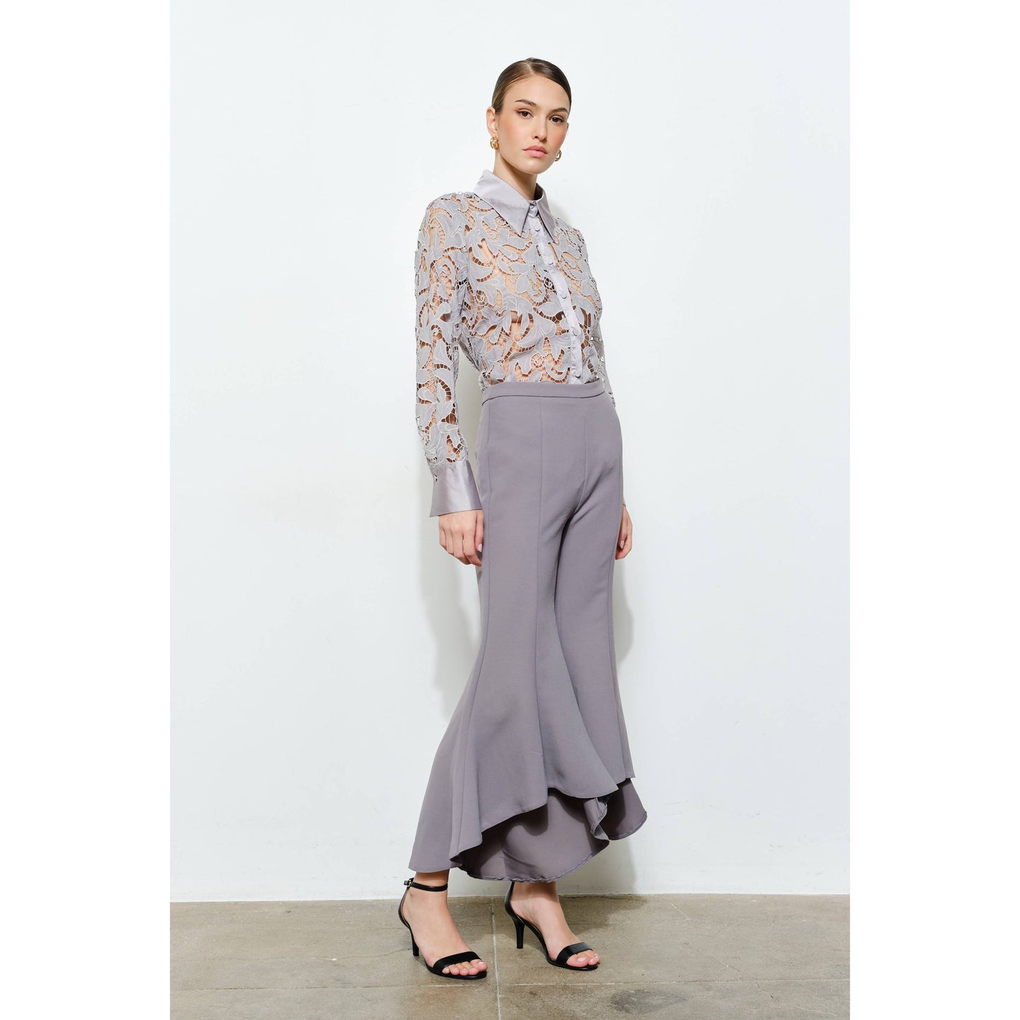 Luxe Satin Contrast Collar Lace Blouse in Ash - Luxe Collection - Jaunts Boutique 