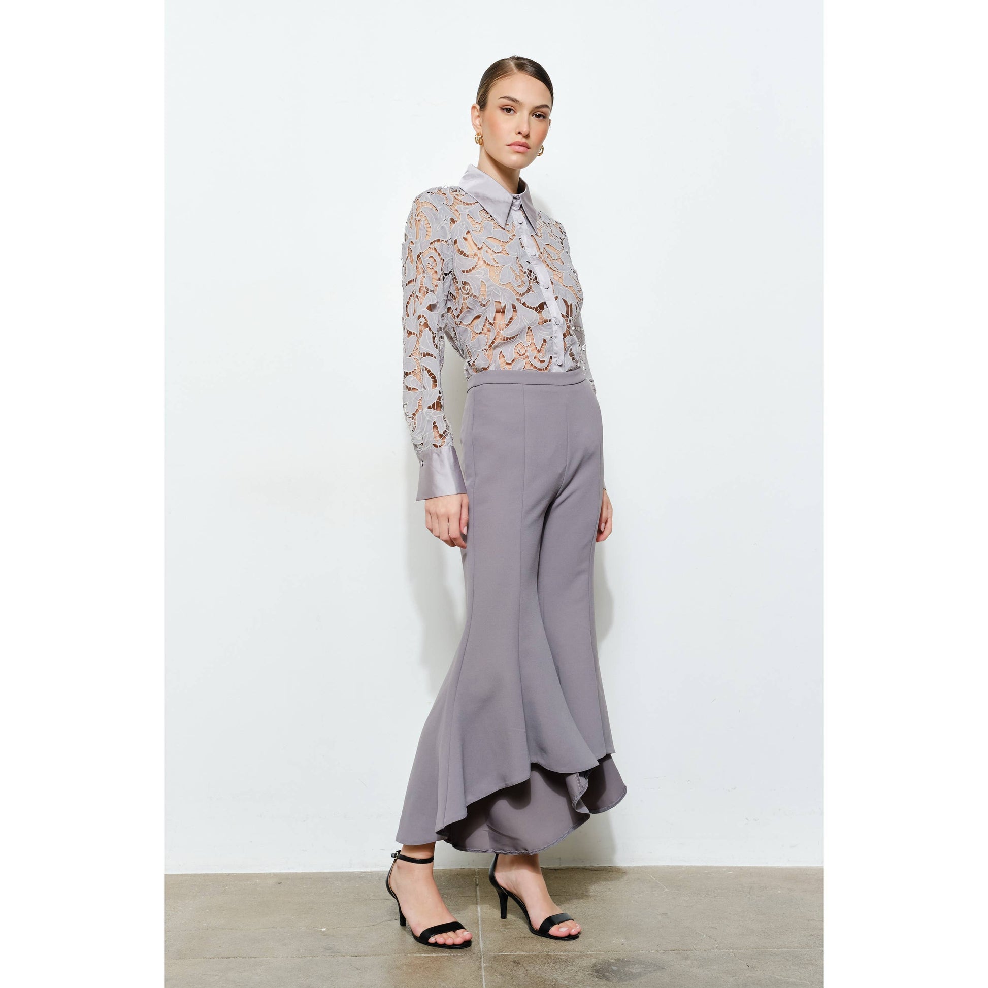 Luxe Satin Contrast Collar Lace Blouse in Ash - Luxe Collection - Jaunts Boutique 