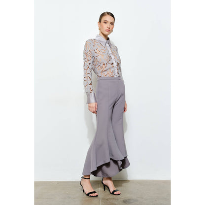 Luxe Satin Contrast Collar Lace Blouse in Ash - Luxe Collection - Jaunts Boutique 