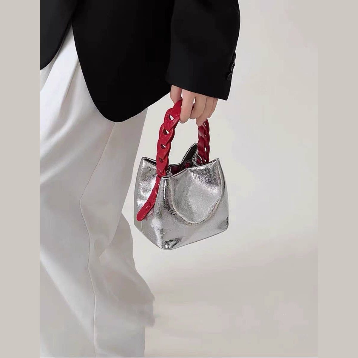 Trendy Mini Metallic Bucket Handbag in Silver - Jaunts Boutique 