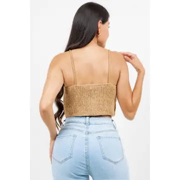 Linen Blend Rope Strap Gold Ring Fitted Bralette Cami Crop Top - Linen - Khaki