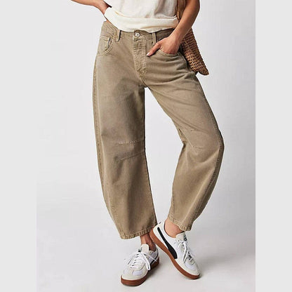 Washed Mid-Rise Loose Barrel Denim Pants  – Khaki & Brown - Jaunts Boutique 