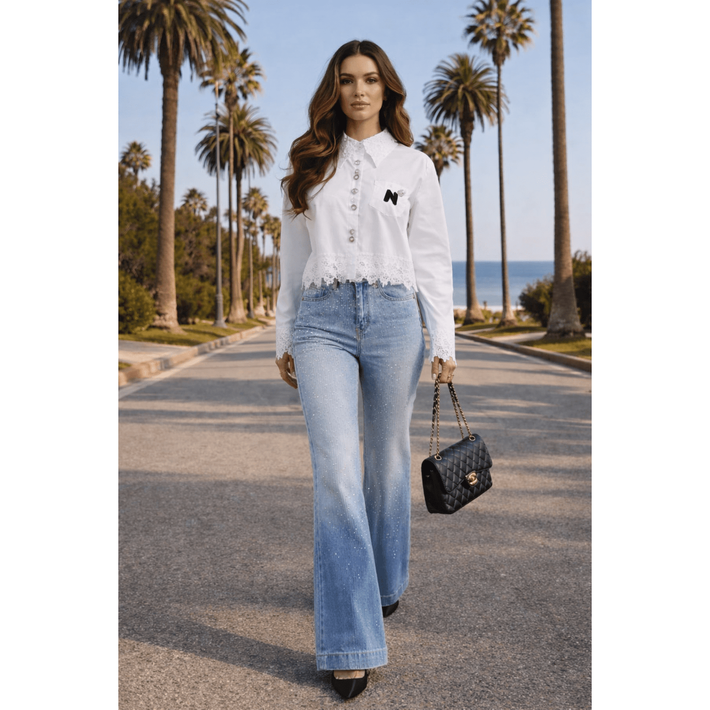 Lace-Trim Button-Down Semi Cropped Blouse - White