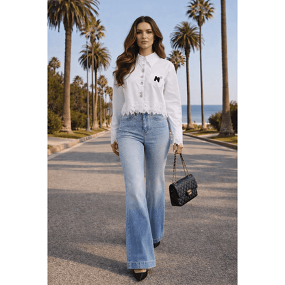 Lace-Trim Button-Down Semi Cropped Blouse - White