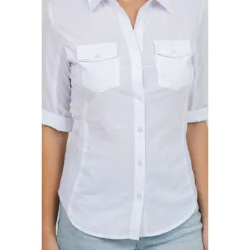 Knit To Fit Button Down Utility Shirt in White - Beige
