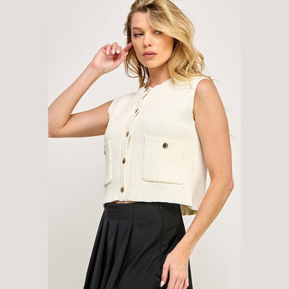 Button Down Waistcoat Sleeveless Sweater in Off White and Navy