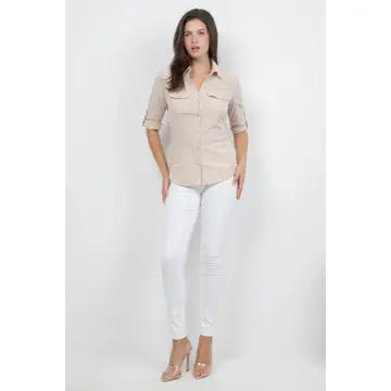 Knit To Fit Button Down Utility Shirt in White - Beige