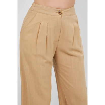 High waisted Pleated Wide Leg Pants in Linen - Khaki