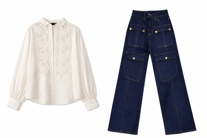 Sheer Appliqué Detail Blouse - Off White