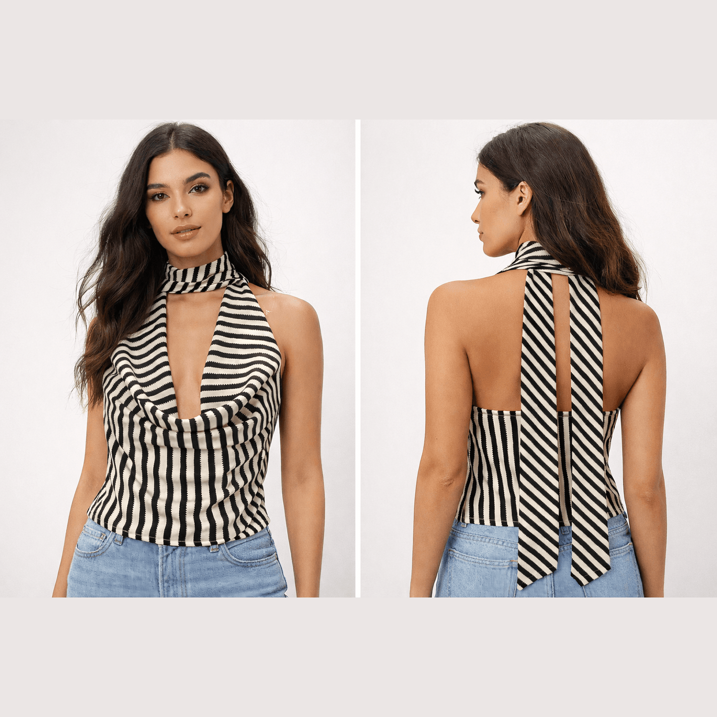 Striped Scarf Crew Neck Halter Top - Cream & Black