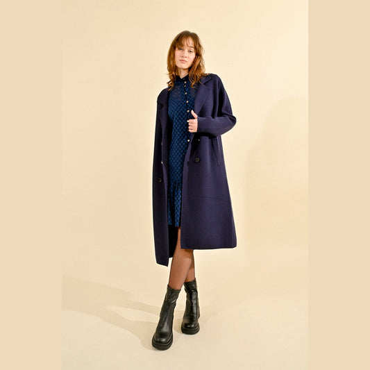 Molly Bracken Straight Knit Coat Jacket in Navy Blue and Beige