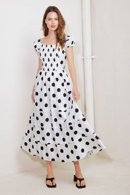 EFFORTLESS DAYS WOVEN POLKA DOT MIDI DRESS.Website exclusive · Ships direct!