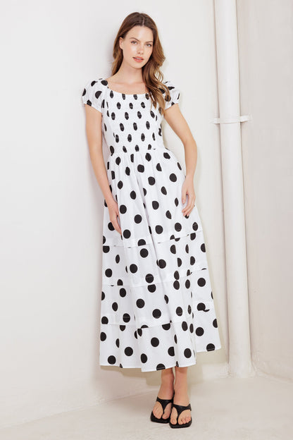 EFFORTLESS DAYS WOVEN POLKA DOT MIDI DRESS.Website exclusive · Ships direct!