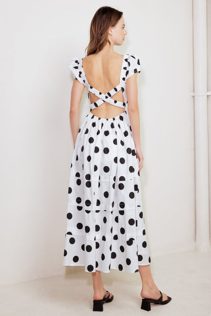 EFFORTLESS DAYS WOVEN POLKA DOT MIDI DRESS.Website exclusive · Ships direct!