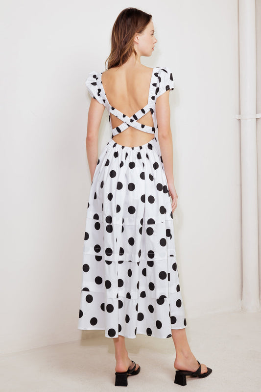 EFFORTLESS DAYS WOVEN POLKA DOT MIDI DRESS.Website exclusive · Ships direct!