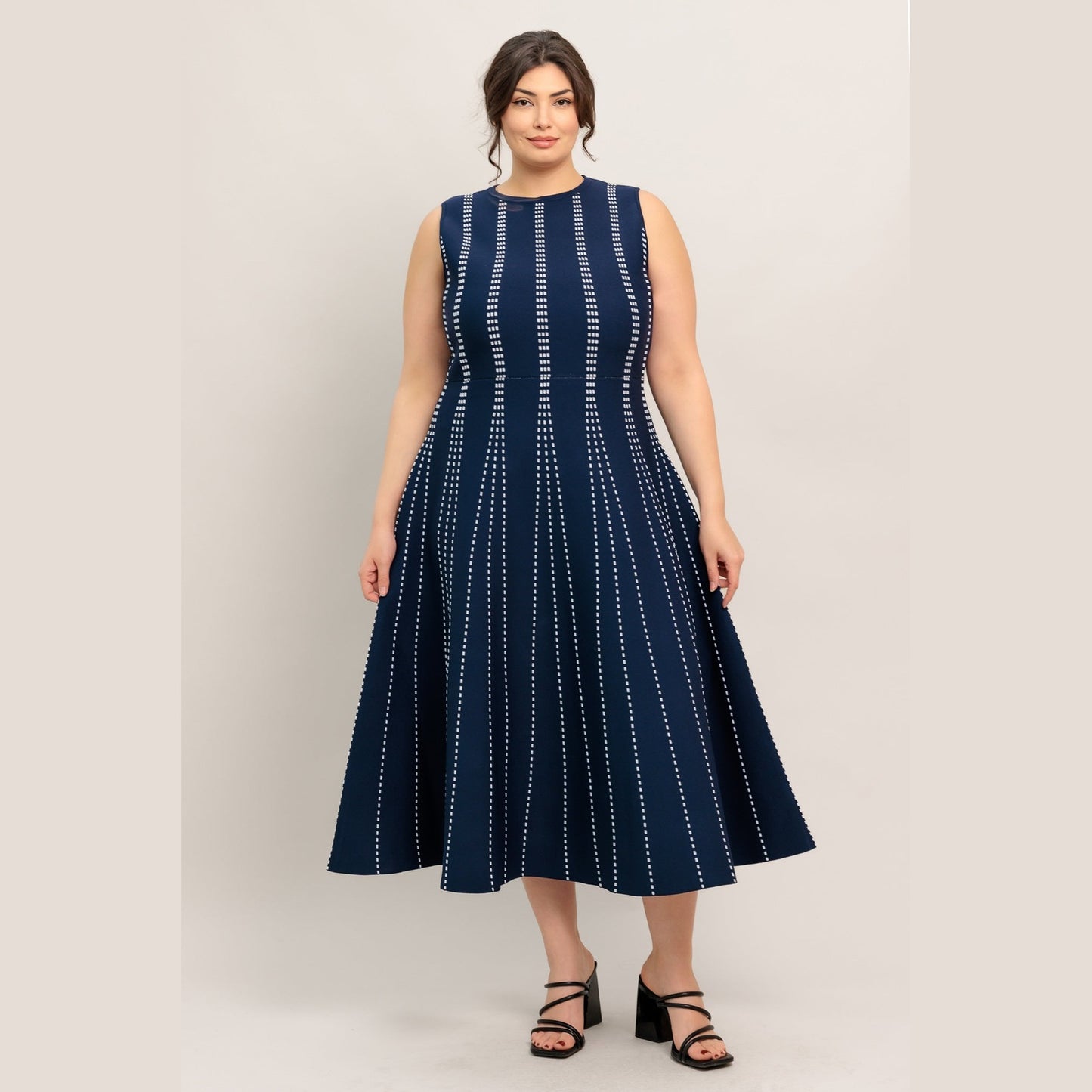 PERFECTLY POISED JACQUARD SLEEVELESS SWEATER MIDI DRESS in Mocha/White - Navy/White - White/Black. Website exclusive · Ships direct!