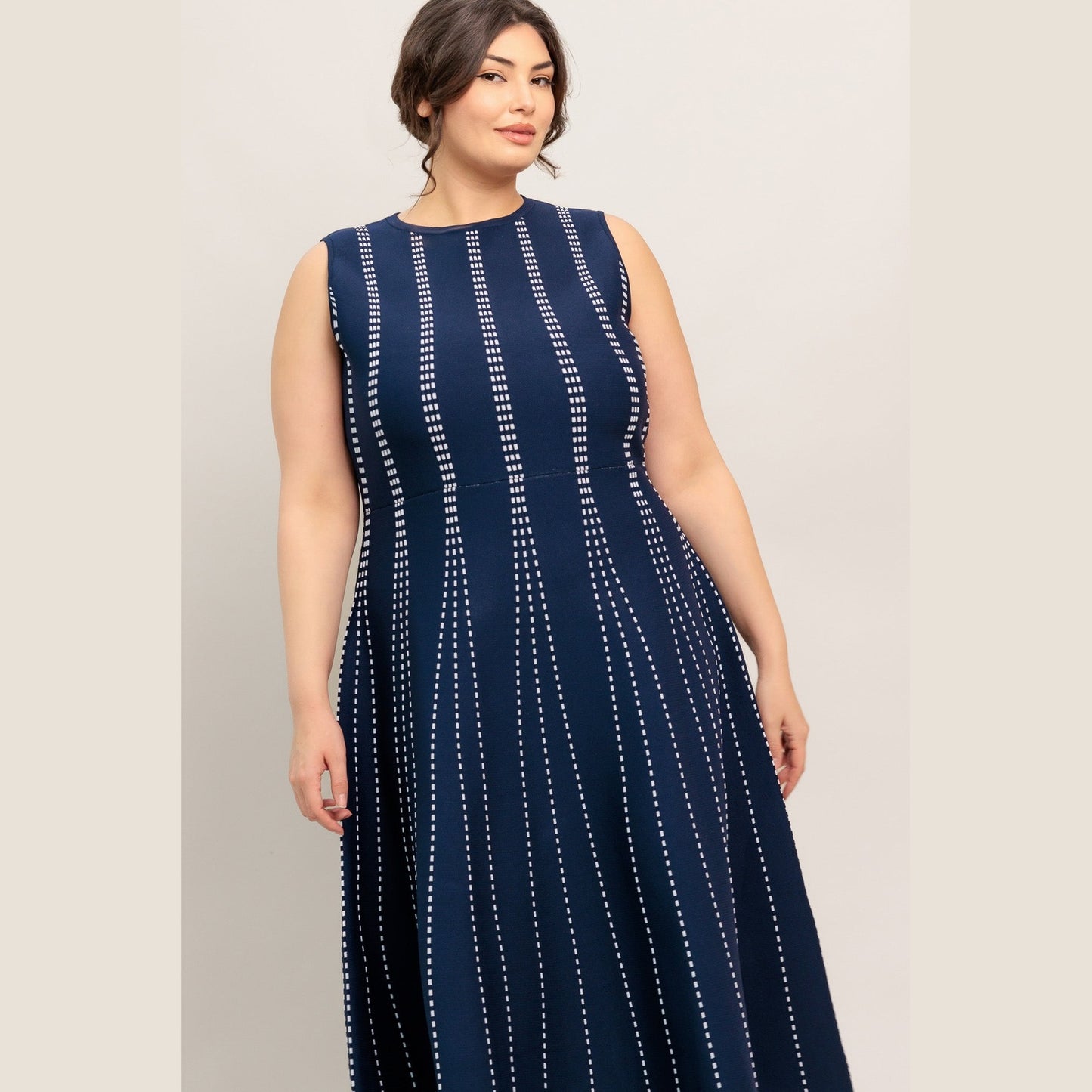 PERFECTLY POISED JACQUARD SLEEVELESS SWEATER MIDI DRESS in Mocha/White - Navy/White - White/Black. Website exclusive · Ships direct!