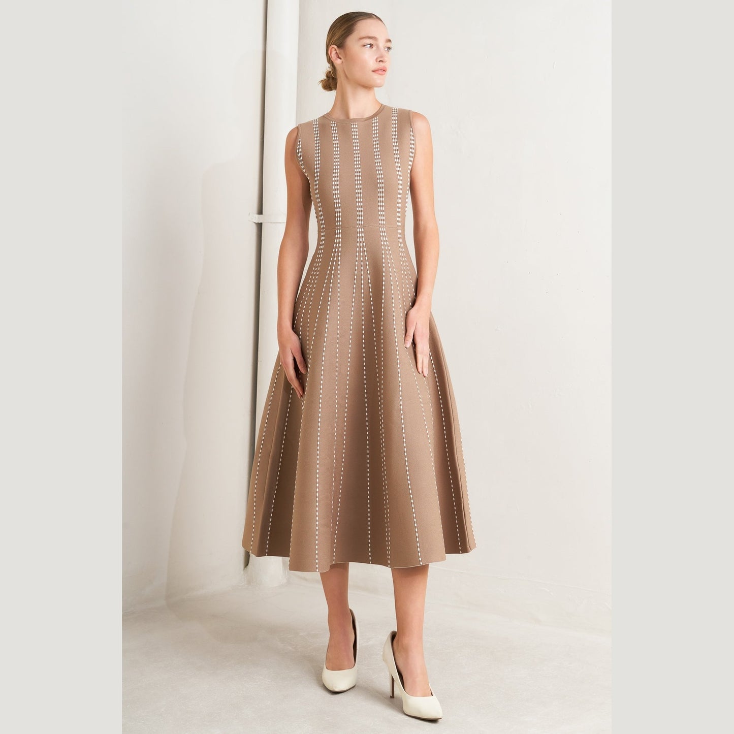 PERFECTLY POISED JACQUARD SLEEVELESS SWEATER MIDI DRESS in Mocha/White - Navy/White - White/Black. Website exclusive · Ships direct!