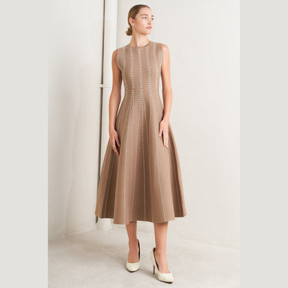 PERFECTLY POISED JACQUARD SLEEVELESS SWEATER MIDI DRESS in Mocha/White - Navy/White - White/Black. Website exclusive · Ships direct!