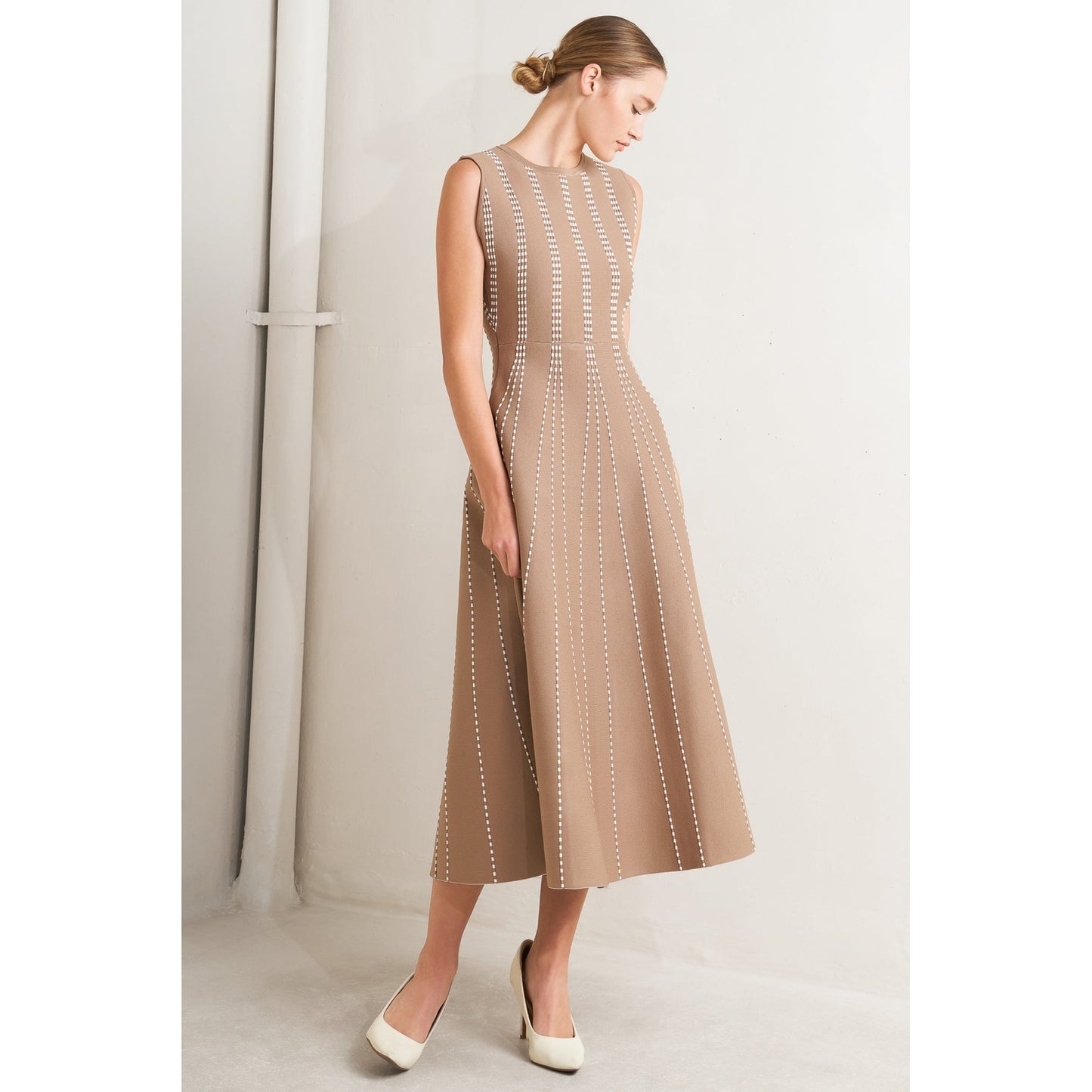 PERFECTLY POISED JACQUARD SLEEVELESS SWEATER MIDI DRESS in Mocha/White - Navy/White - White/Black. Website exclusive · Ships direct!