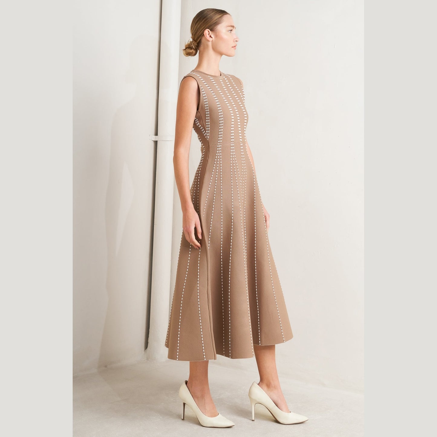 PERFECTLY POISED JACQUARD SLEEVELESS SWEATER MIDI DRESS in Mocha/White - Navy/White - White/Black. Website exclusive · Ships direct!