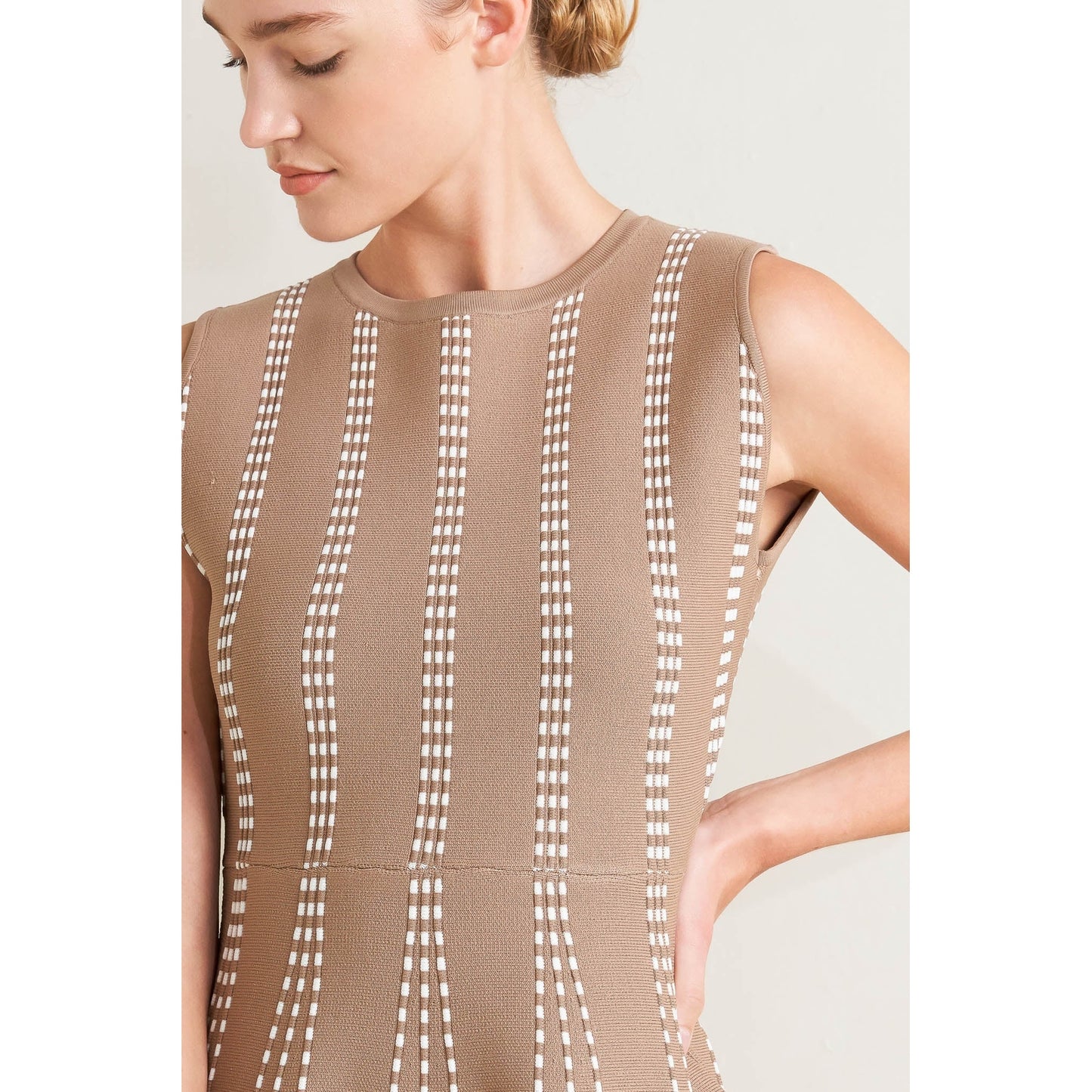 PERFECTLY POISED JACQUARD SLEEVELESS SWEATER MIDI DRESS in Mocha/White - Navy/White - White/Black. Website exclusive · Ships direct!