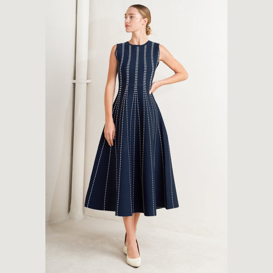 PERFECTLY POISED JACQUARD SLEEVELESS SWEATER MIDI DRESS in Mocha/White - Navy/White - White/Black. Website exclusive · Ships direct!