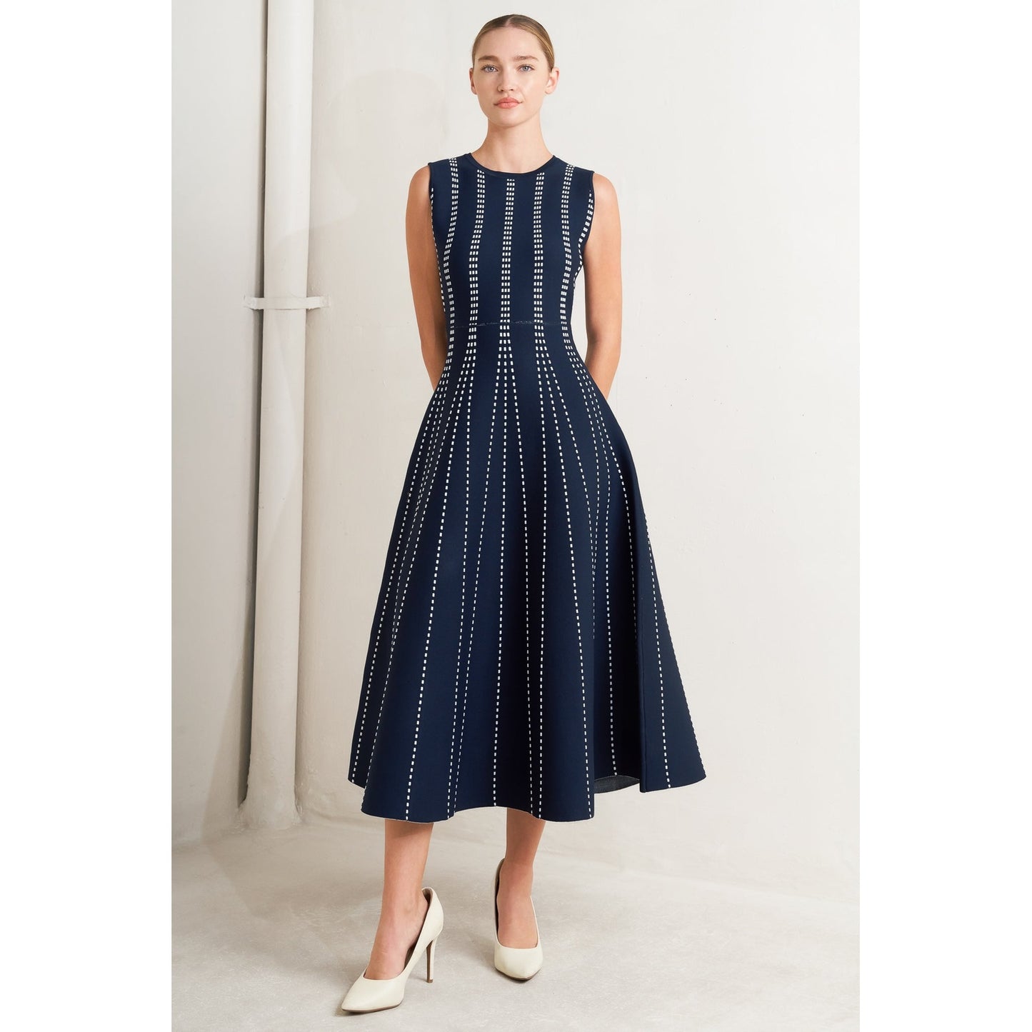 PERFECTLY POISED JACQUARD SLEEVELESS SWEATER MIDI DRESS in Mocha/White - Navy/White - White/Black. Website exclusive · Ships direct!