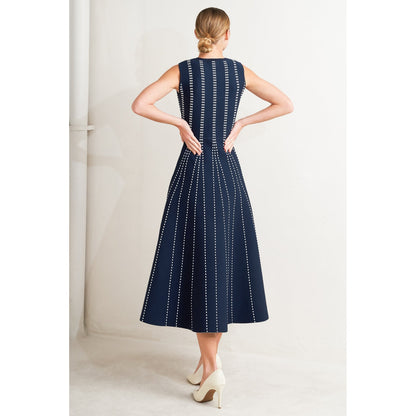 PERFECTLY POISED JACQUARD SLEEVELESS SWEATER MIDI DRESS in Mocha/White - Navy/White - White/Black. Website exclusive · Ships direct!