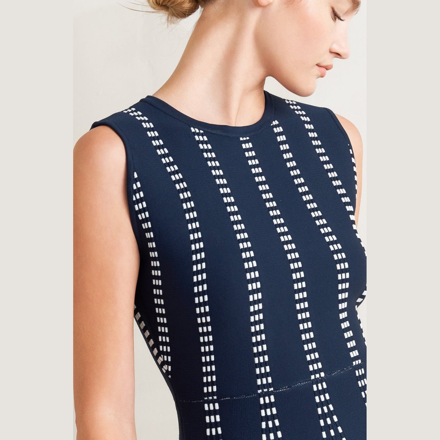 PERFECTLY POISED JACQUARD SLEEVELESS SWEATER MIDI DRESS in Mocha/White - Navy/White - White/Black. Website exclusive · Ships direct!